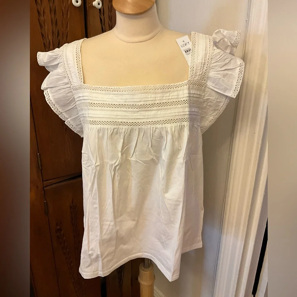 NWT Loft White Embroidered Ruffle Sleeves Ladder trim top.